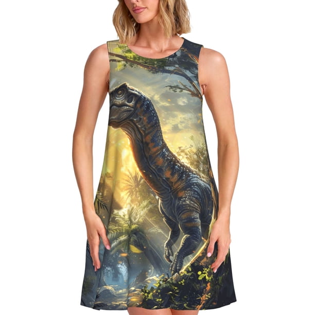 Easygdp Sunshine Jungle Dinosaur para Vestido Transpirable de Mujer, Vestido Suelto de Manga Corta con Pliegues y Bolsillos para el Verano