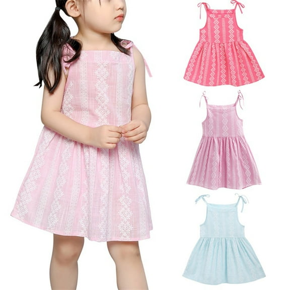 Elainilye Fashion Toddler Baby Girl Summer Dress Seaside Beach Dress Sling Skirt Floral Skirt Cotton Linen Dress, Sizes 9M-5Y,Pink