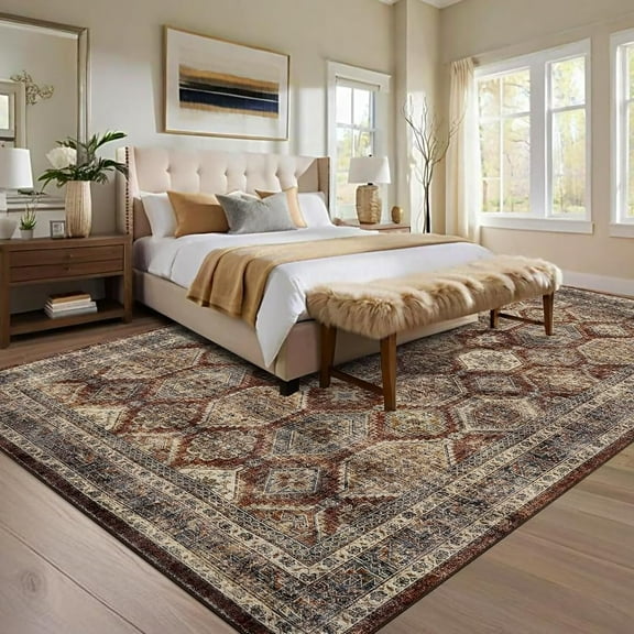 Garvee Vintage Rug 9'x12' Washable Rugs Large Area Rug Floral Print Geometric Rug Stain Resistant Non-Shedding Rug, Red