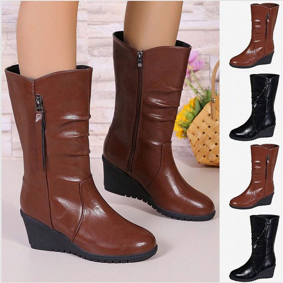 WAVSUF Women's Wide Calf Boots Pointed Toe Anti Slip Arch Support Fall Faux Leather Wedge Boots 6