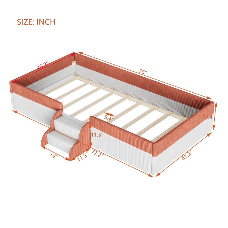 Twin Size Corduroy Upholstered Floor Bed Frame with Fence, Kids Low-Profile Platform Bed with 2-Tier Steps & Smart LED Lights
