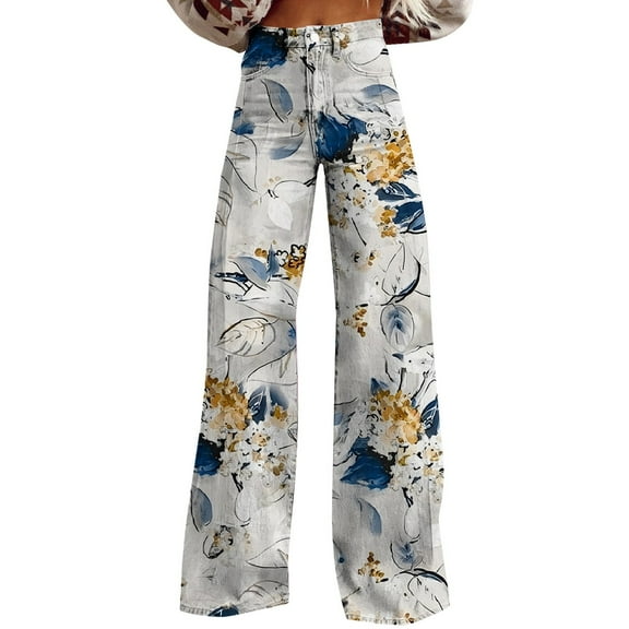 SNOWSONG Baggy Jeans Women, Women's Flare Wide Leg High Waisted Casual Vintage Floral Print Pants Casual Colorful Trouser, High Waisted Wide Leg Jeans for Women Blue L