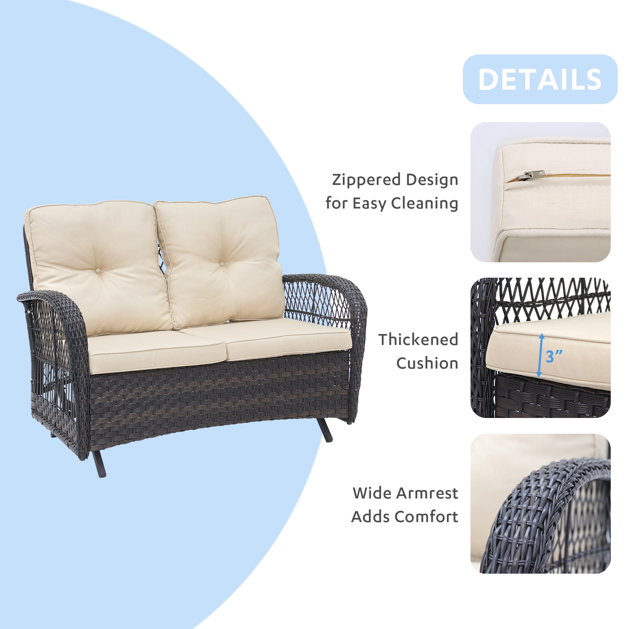 Abble Outdoor Glider Conversation 2 Piece Patio Wicker Seating Group Set with Cushions - Dark Brown