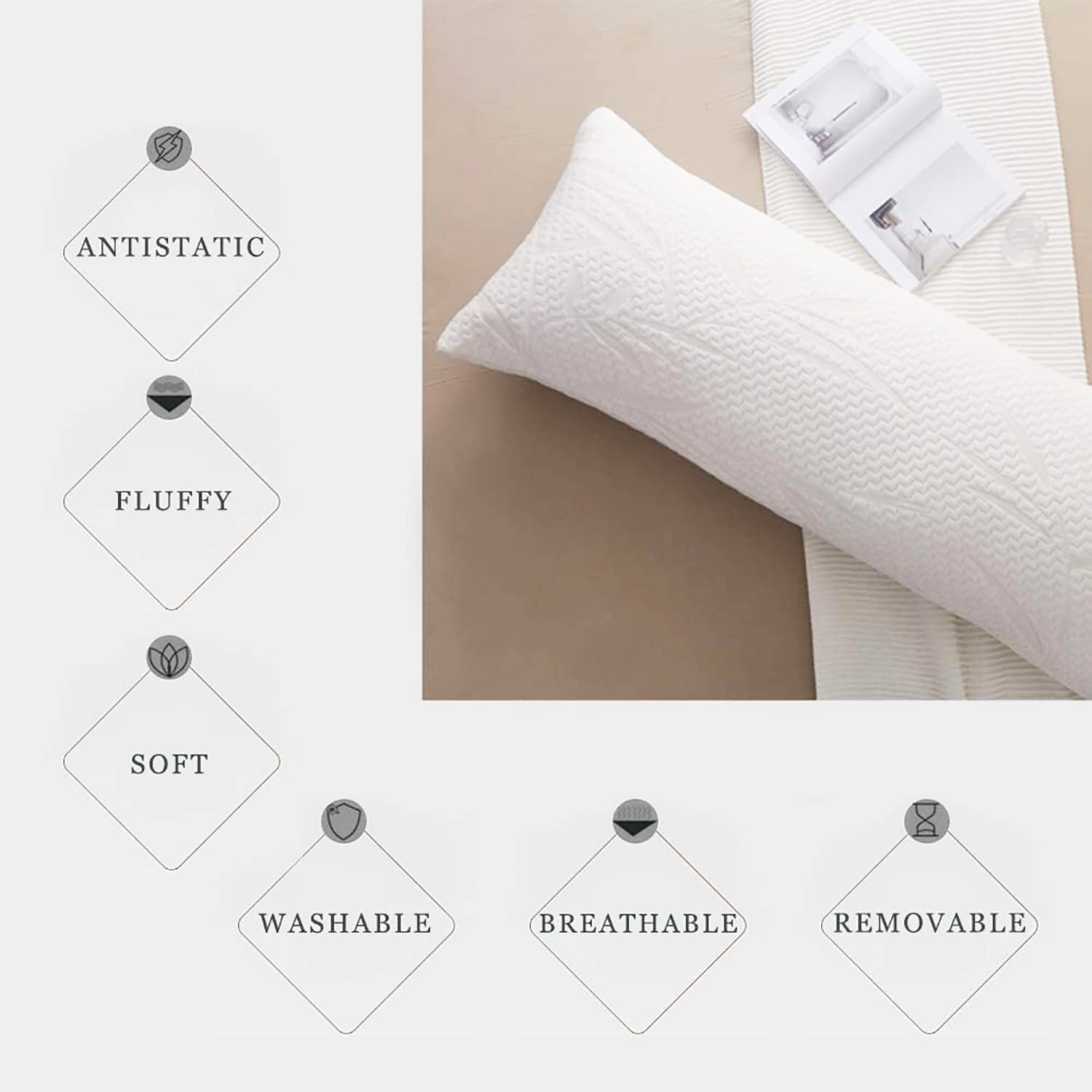 Yalamila Cooling Body Pillow for Adults with Bamboo Viscose Cover, Medium Firm Long Bed Pillow for Full Body Support, White, 20 x 54 Inch