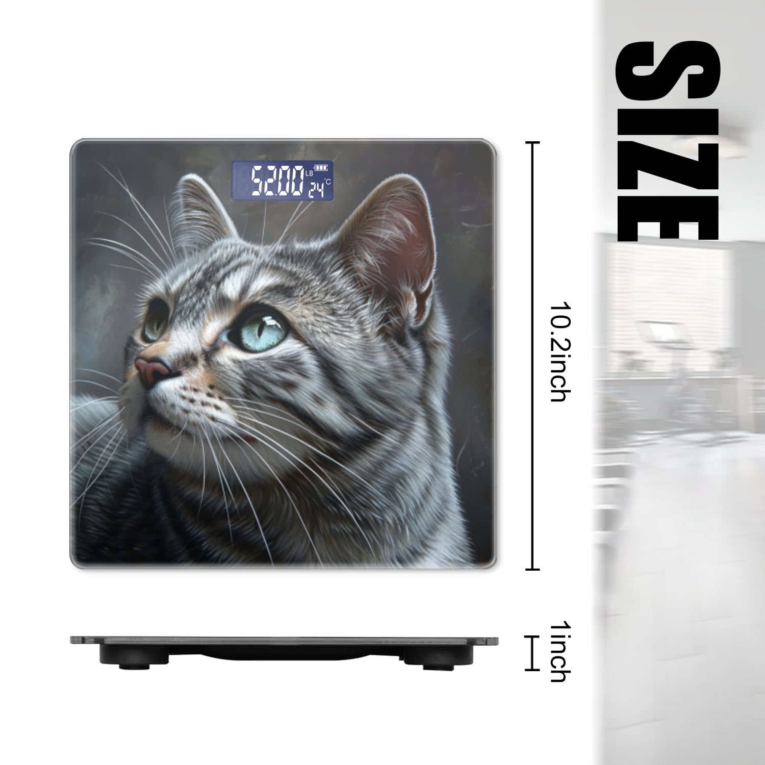 Bathroom Scale, Highly Accurate Digital Body Scale,Precisely Measures Weight up to 400 lbs-Silver Tabby Cat With Gray Stripes And Silver And Green Eyes