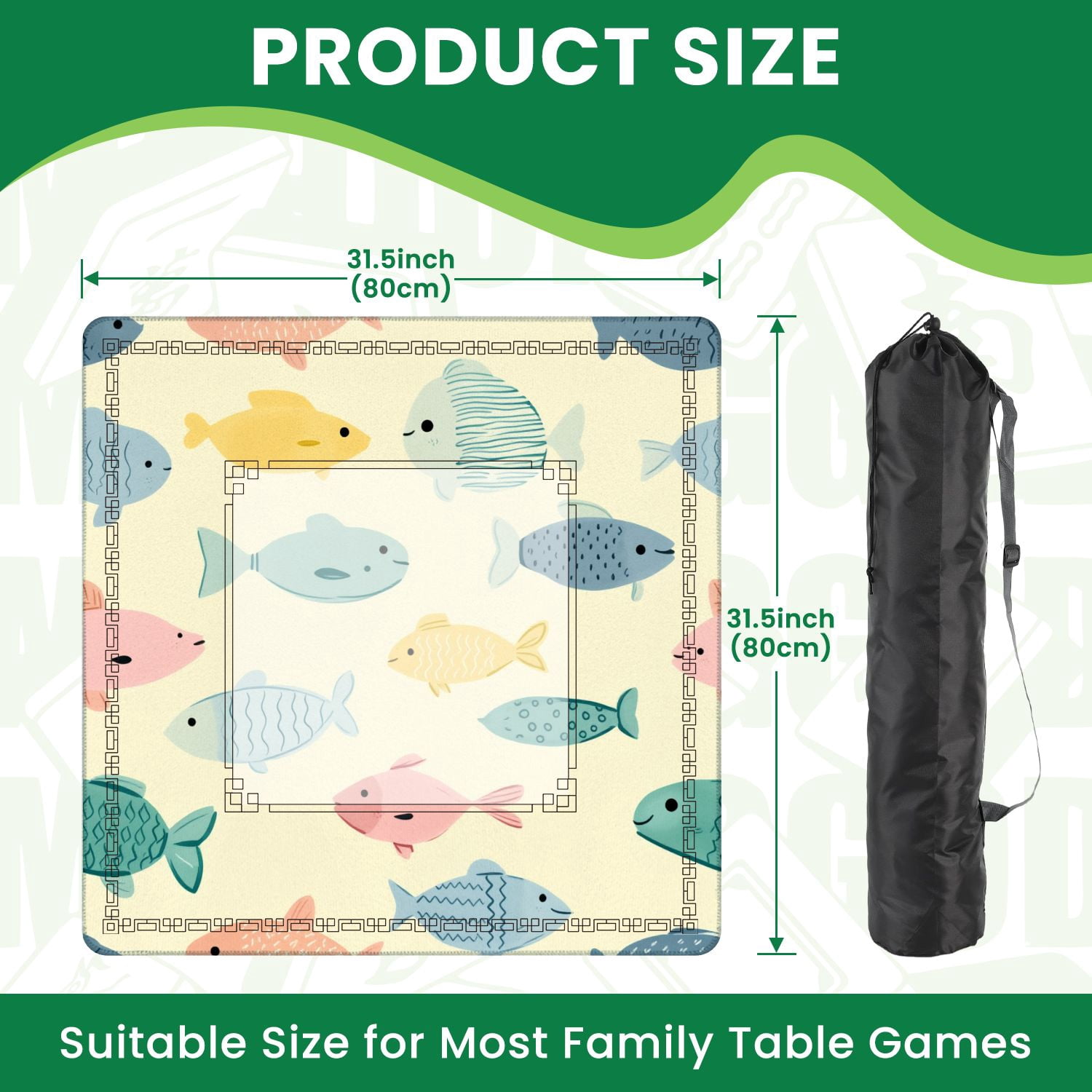 Mahjong Mat 31.5" x 31.5" Whimsical Fish Soft Pastel Colors Playful Designs Non-Slip Noise Reduction American Mahjong Tiles Table Cover for Dominoes Poker Card Board Games Gift