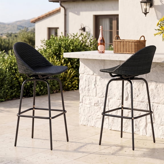 Set of 2 Outdoor Rattan Swivel Bar Stools, 30 Inch Patio Barstools with Curved Back, Footrest, 400 Lbs Capacity, Black