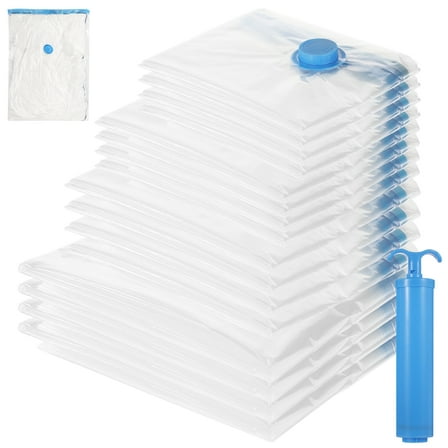 16PCS Vacuum Storage Bags, 4 Sizes Vacuum Packing Bags with Manual Pump, Space Saver Bags for Clothes Bedding, Airtight Seal Compression Organizer for Travel & Moving Use