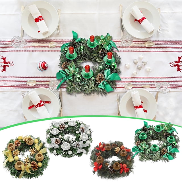 Fiudx Corona Navideña con Candelabro, Diseño de Doble Bola con Cinta Roja, Decoración Festiva para Mesa, Ideal para Fiestas, Versátil para Colgar, Ideal para Escaleras o Puertas, 1 Vela de Guirnalda.