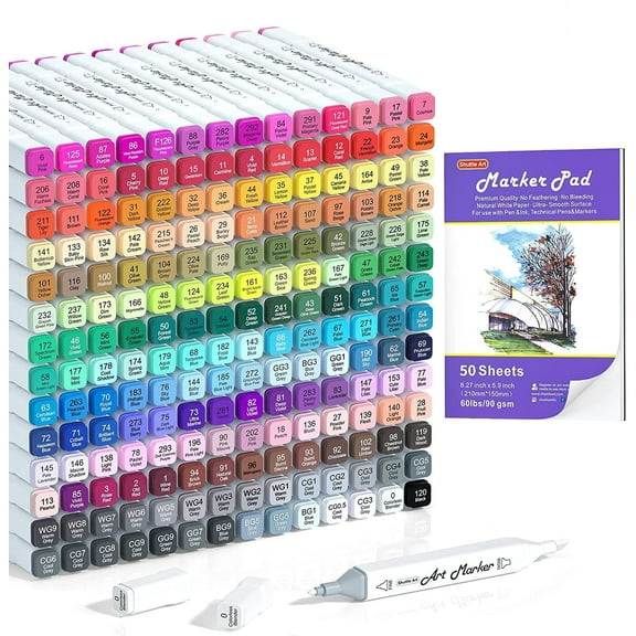 Shuttle Art 205 Colors Dual Tip Alcohol Art Markers, 204 Colors Permanent Marker Plus 1 Blender 1 Marker Pad 1 Case and Color Chart for Adult Artist Drawing Coloring Books Sketching