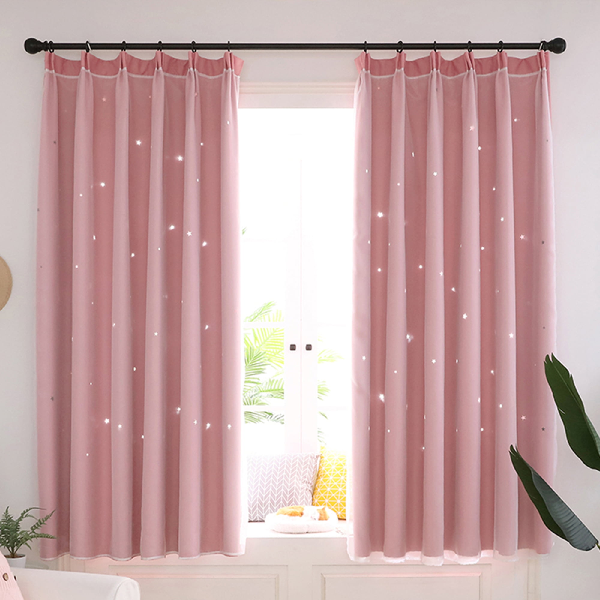 Blackout Pink Stars Drapes Kids Bedroom Curtains Fabric Sheer Eyelets Rod Pocket 