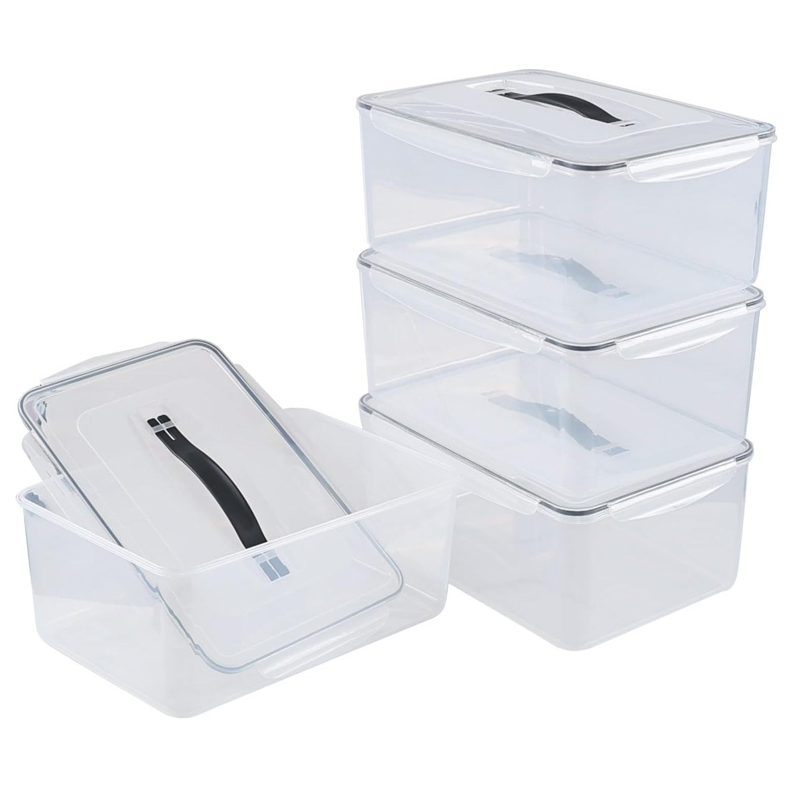15 L Clear Airtight Rectangular Storage Container for Food, Set of 4 Plastic Clear Food Storage Container with Lid and Handle
