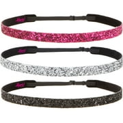 Hipsy Adjustable No Slip Skinny Bling Glitter Headbands for Girls 3-Pack (Hot Pink/Silver/Black)