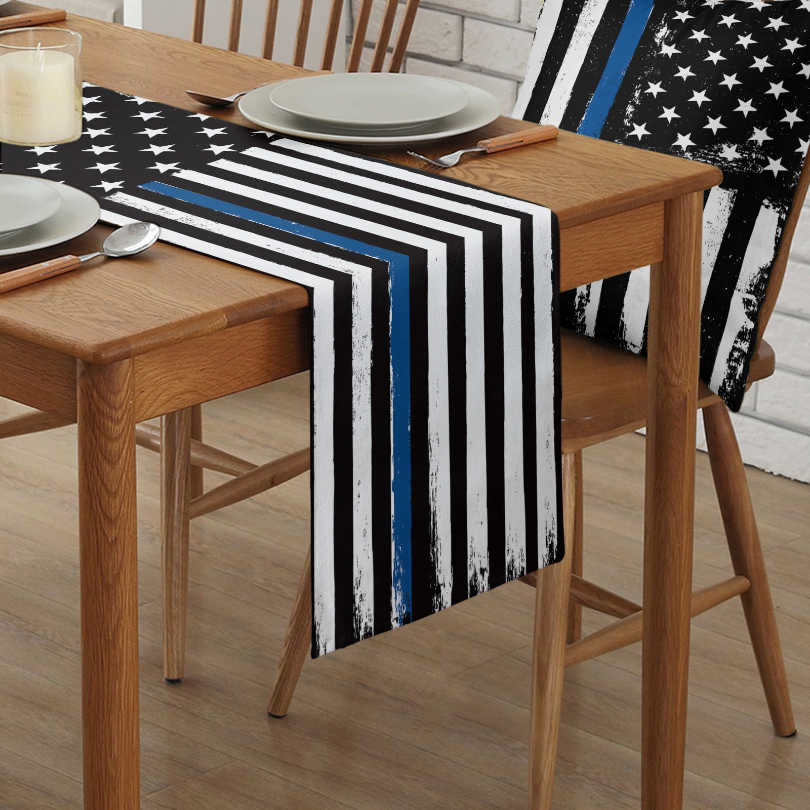 Ldtrchee Thin Blue Line American Flag Table Runner 36 Inches, Black USA Police Bed Runner Dresser Scarves Tabletop for Indoor Outdoor Parties/Ceremony/Banquet, 13"x 36"