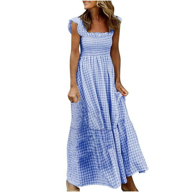 TopLLC Robe d'Été Mode Femme Été Décontractée Imprimé Col Carré Camis Sans Manches Gilet Longue Robe Grande Taille Robes, Robe de Plage