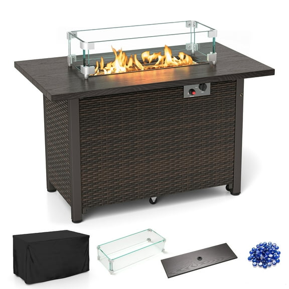 Gymax 42 Inch Patio Rattan Propane Fire Pit Propane Gas Fire Pit Table w/ Wind Guard Brown
