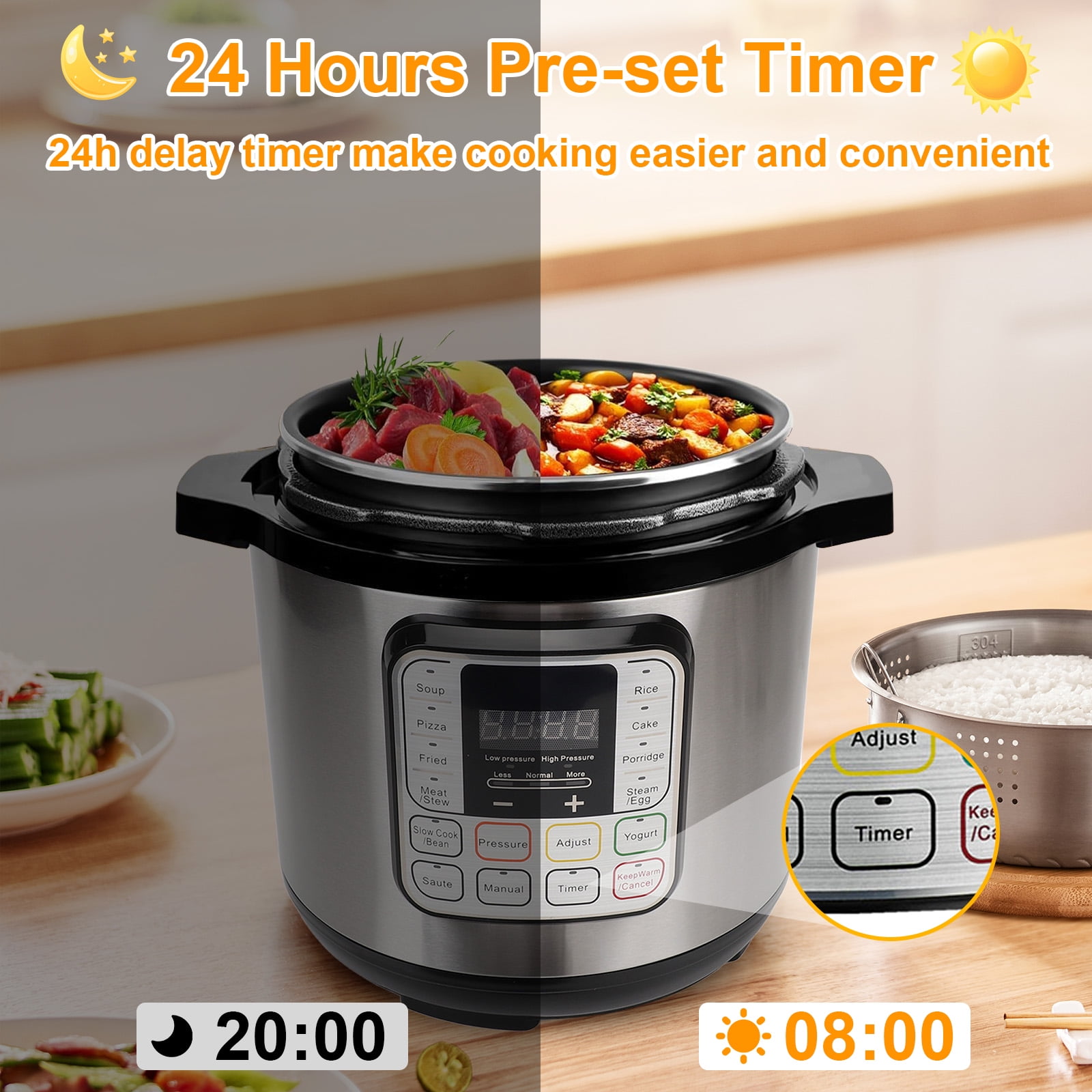 8.5 Quart Electric Pressure Cooker, 16-in-1 Multi-Functional Slow Cooker, Rice Cooker, Saute Pan, Soup Pot, Egg Cooker, Warmer, Preset Cooking, Stainless Steel