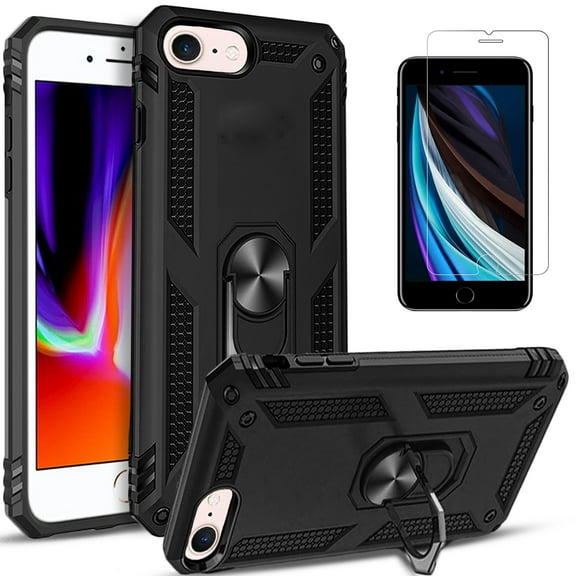 iPhone SE 2020 Case, iPhone 7 / 8 Case, [Not Fit iPhone 7 Plus / 8 Plus] With [Tempered Glass Screen Protector Included], STARSHOP Drop Protection Ring Kickstand Cover- Black
