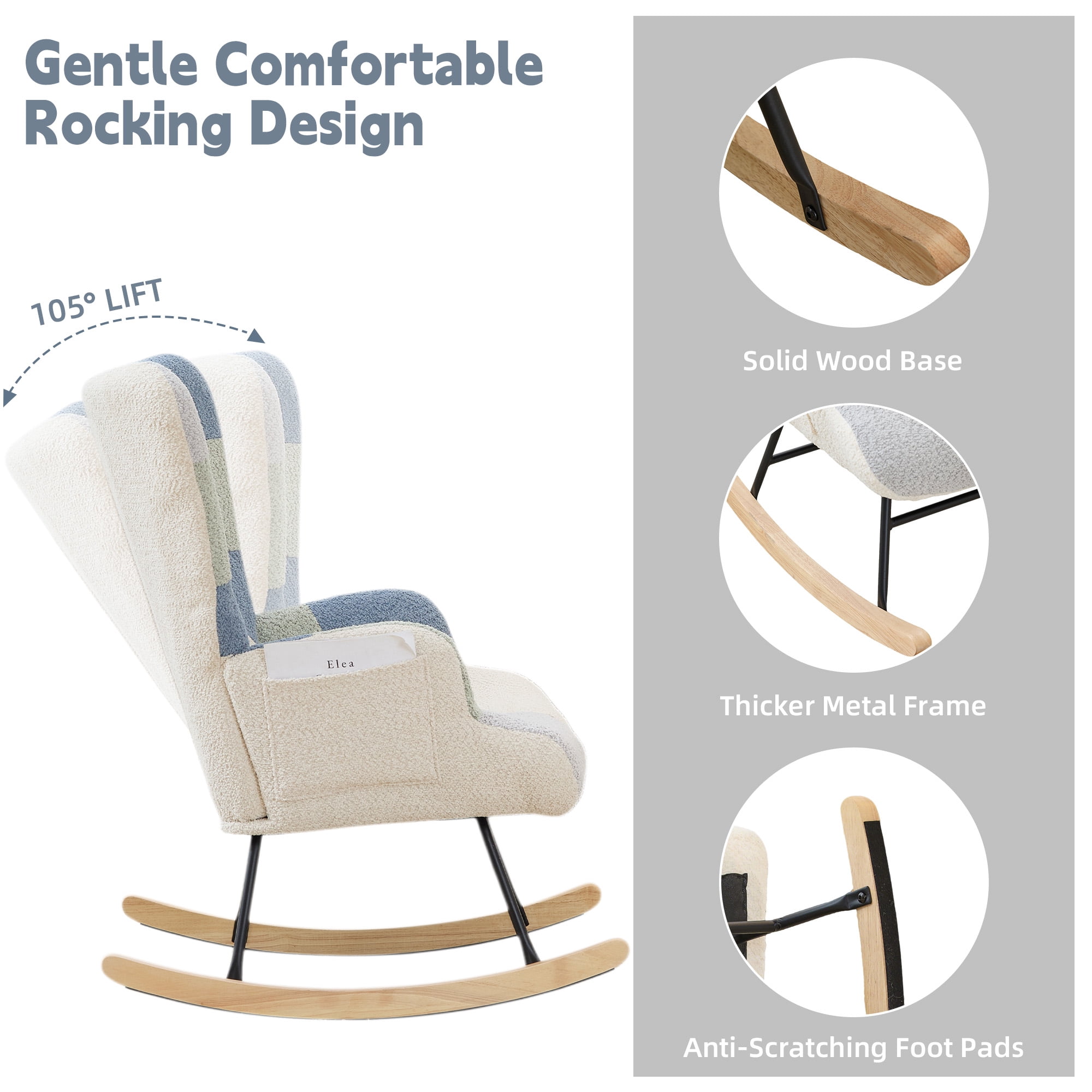 Patchwork Teddy Fleece Upholstered Rocking Chair, High Back Nursery Glider Rocker with Side Storage Pocket, Rubberwood Rockers Accent Armchair for Nursery Living Room Bedroom Office.
