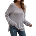 thumbnail image 5 of HUBERY Women V Neck Long Sleeve Side Split Sweater, 5 of 7