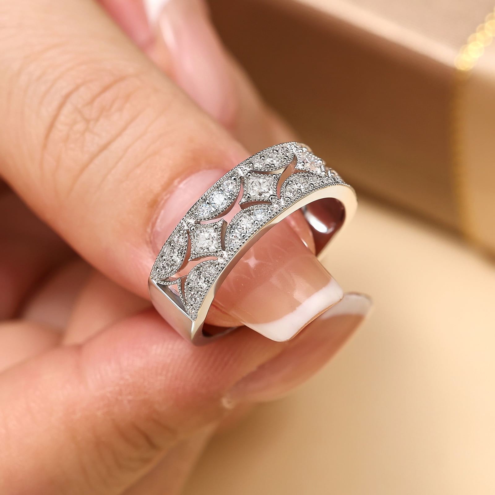 Newshe Jewellery Wide Moissanite Wedding Bands for Woman 925 Sterling Silver Eternity Rings Size 7