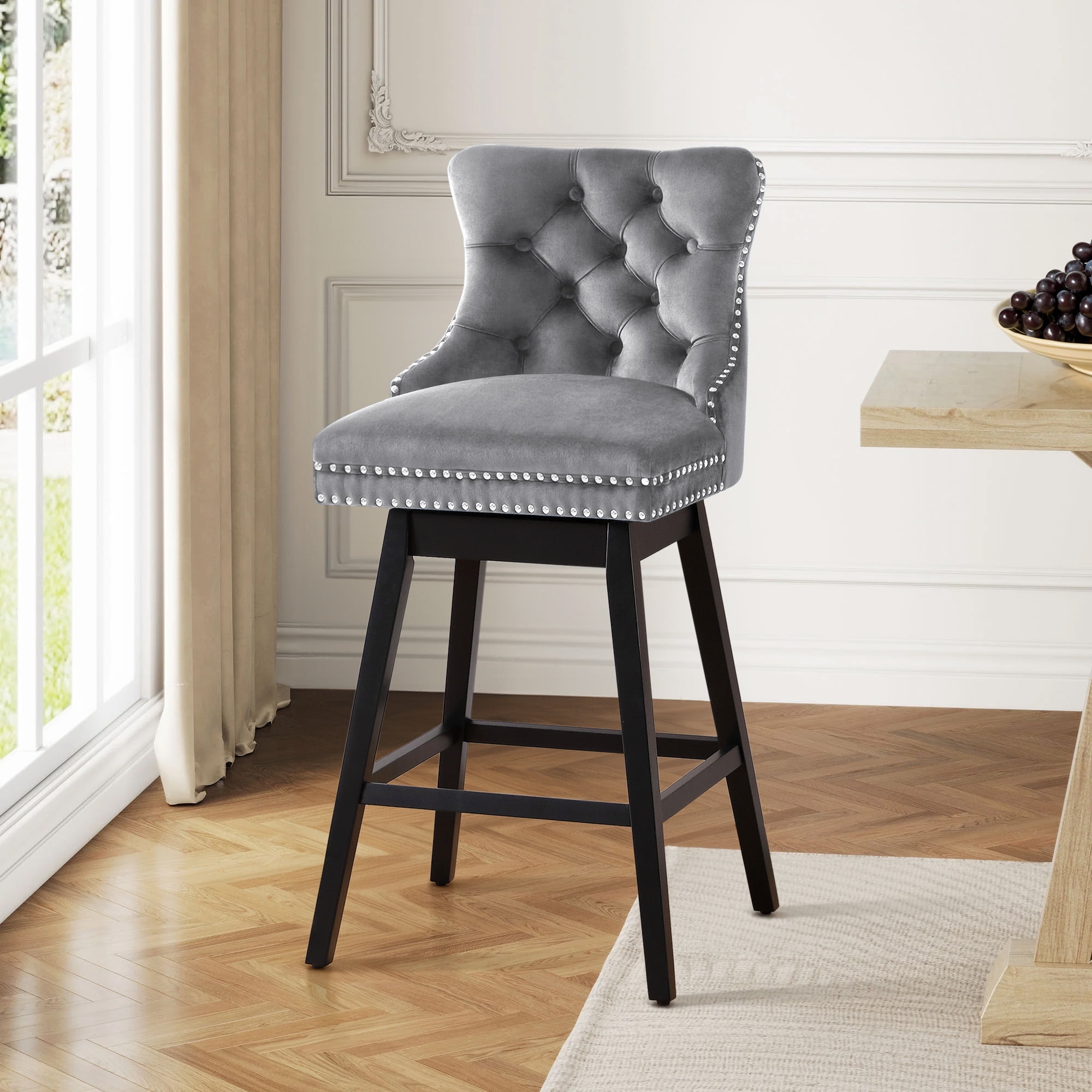 TEWLOSS Counter Height Bar Stools Swivel 26" Velvet Barstools for Kitchen Island, Gray