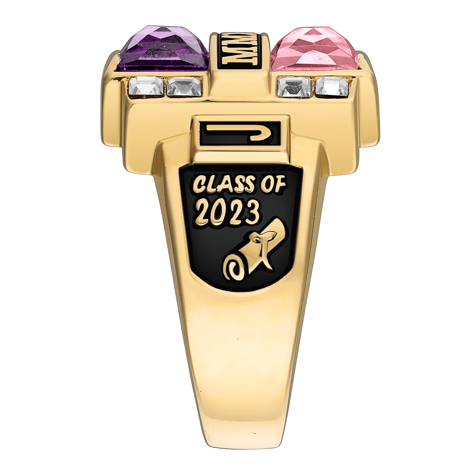 Freestyle, Men's Rhodium, Gold or Rose Gold Plated Double Birthstone & CZ Rectangle Class Ring, Personalized, High School or College Graduation