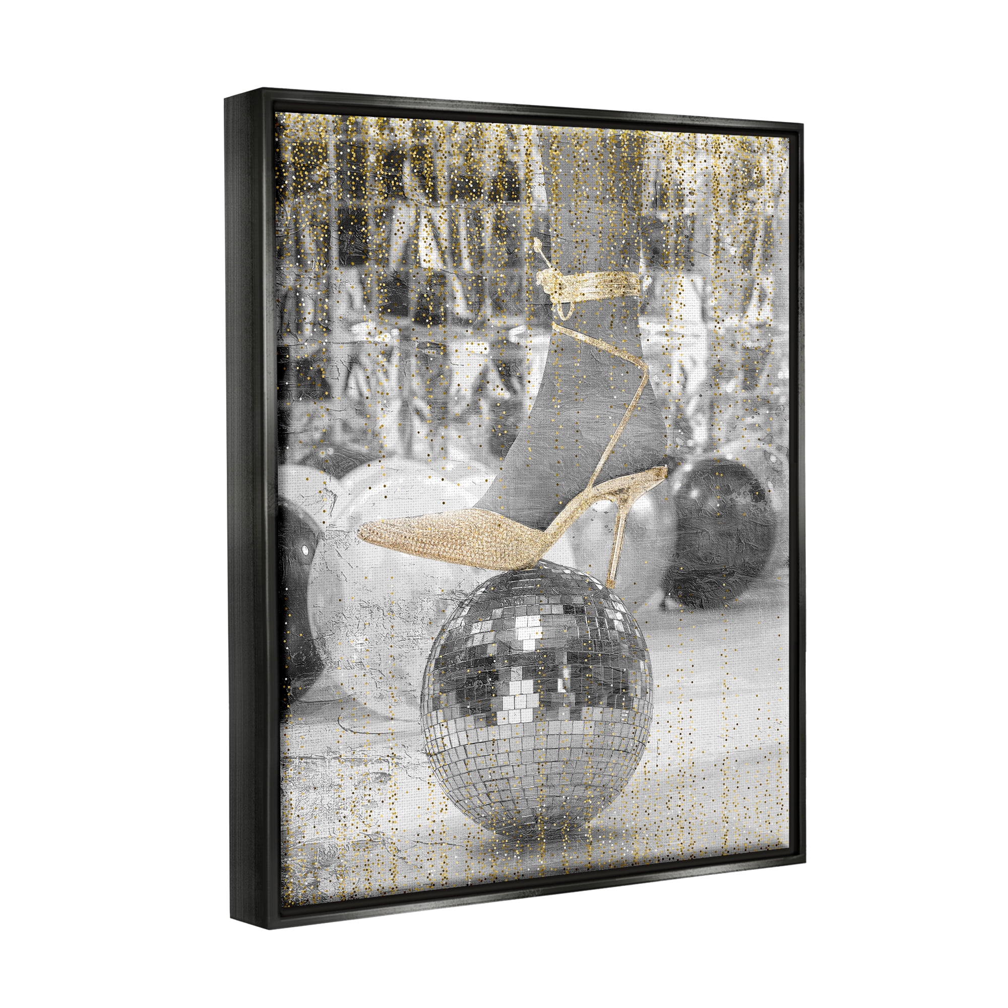Stupell Industries Glam Heels Disco Ball Performing Arts Painting Black Floater Framed Canvas Art Print Wall Art, 25 x 31