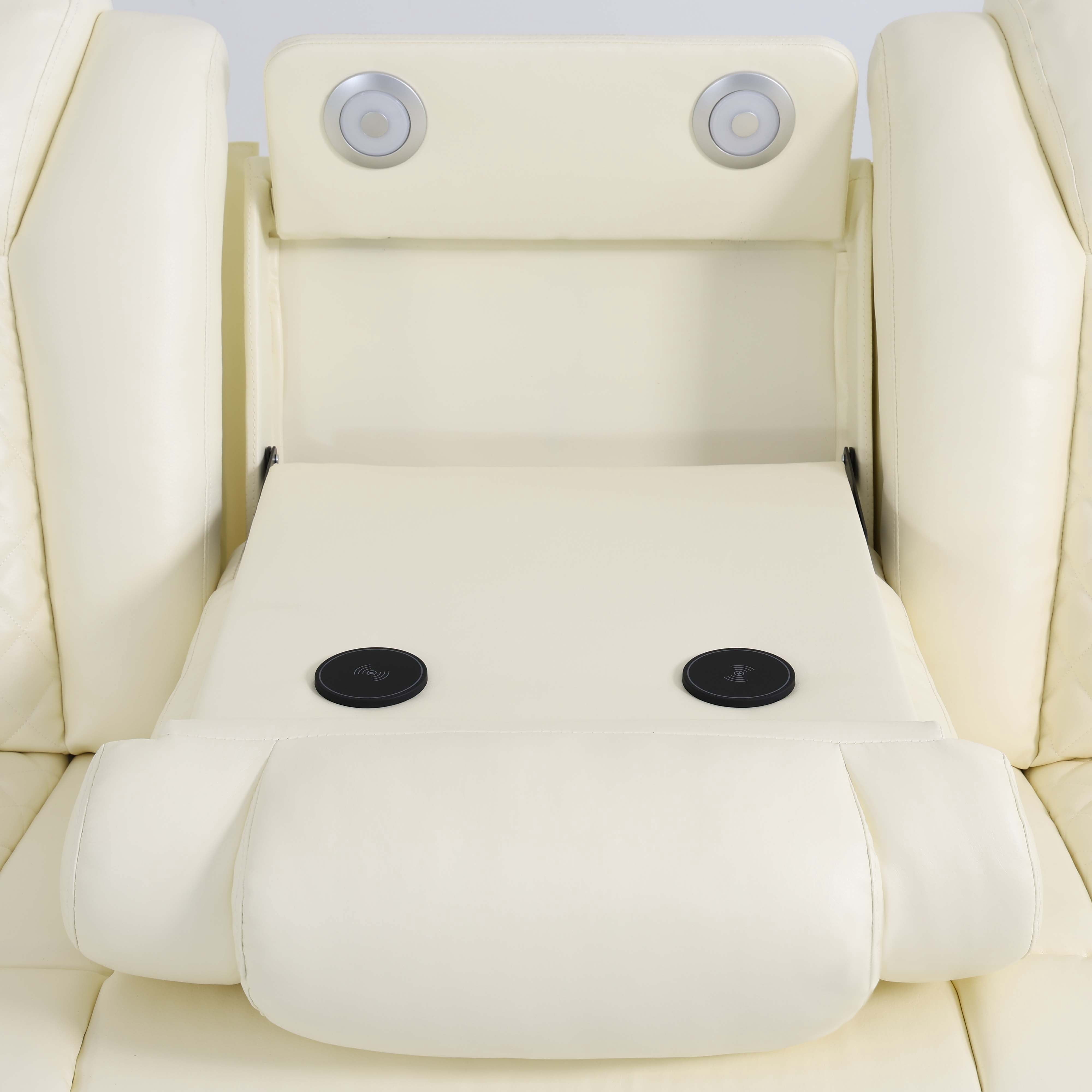 Gewnee Air Leather Power Recliner Sectional Sofa，Recliner Couch with Cup Holders，Wireless Charging,LED Ambient Light, Console Storage，Home Theater Sofa for Living Room,Creamy White