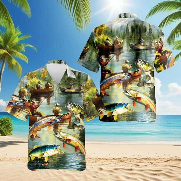 Trout Fishing Hawaiian Shirt for Men, Button Down Summer Beach Short Sleeve, Sizes S-5XL