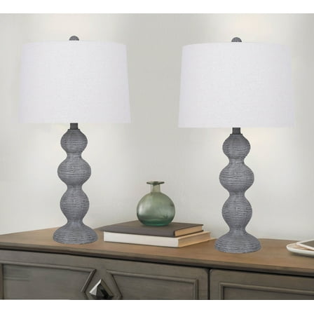 25.5" Grey Wash Polyresin Table Lamp w/ Carved Base & Natural Linen Shade (Set of 2)