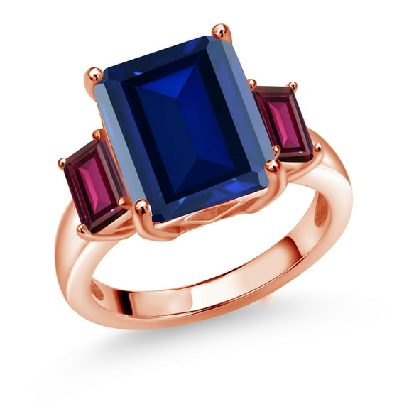 Gem Stone King 8.16 Ct Blue Simulated Sapphire Red Rhodolite Garnet 18K Rose Gold Plated Silver 3-Stone Ring (Size 6)