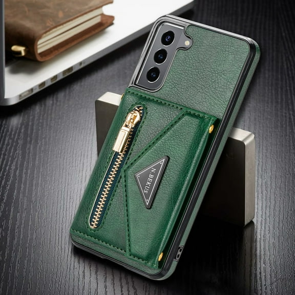 Dteck Case For Samsung Galaxy S21 Plus 6.7-inch,Luxury Leather Zipper Card Holder Wallet Cross Body Shoulder Strap Case for Galaxy S21 5G Shockproof Hybrid Rubber Kickstand Cover,Green
