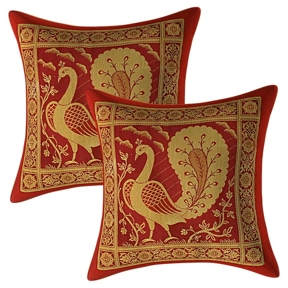 Stylo Culture Ethnic Living Room Decorative Brocade Burgundy Maroon And Gold Sofa Throw Pillow Covers 12x12 Jacquard Weave Home Decor Throw Pillow Covers Peacock 30x30 cm Cushion Covers (Set Of 2)