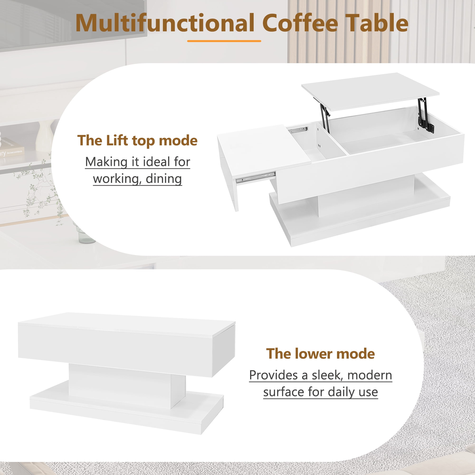 Homy Casa Lift Top LED Coffee Table, High Gloss White, Sliding Top, Storage, Bluetooth App