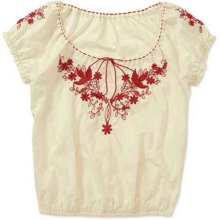 Juniors Short Sleeve Embroidered Peasant Top with Ties - Walmart.com