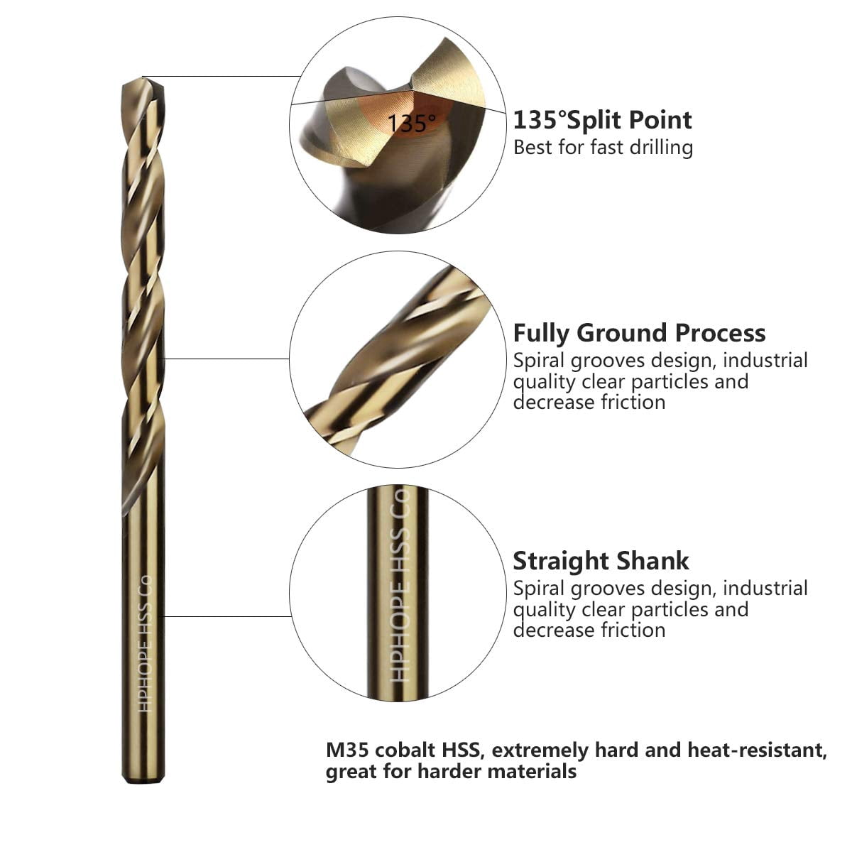 3/8 Inch Cobalt Drill Bits 5Pcs - M35 HSS Metal Twist Drill Bits Set, Jobber Drill Bits Length and Straight Shank, Suitable for Drilling in Hard Metal, Stainless Steel, Cast Iron