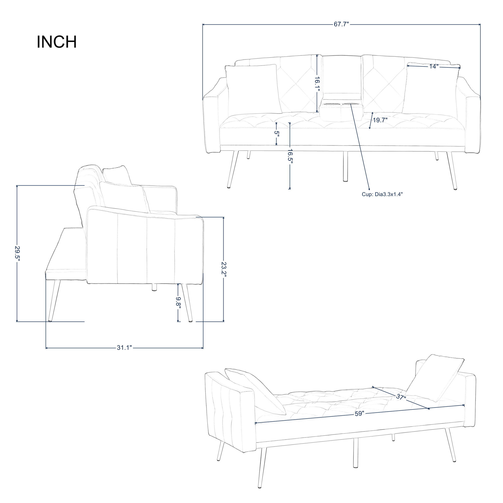 Aukfa Velvet Futon Convertible Sofa Bed for Home Office, 2 Pillows& Cup Holders, Tufted Futon, Gray