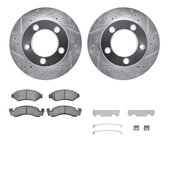 Dynamic Friction Company Front Brake Rotors-Drilled and Slotted-Silver with Ultimate Duty Performance Brake Pads includes Hardware 7412-54009
