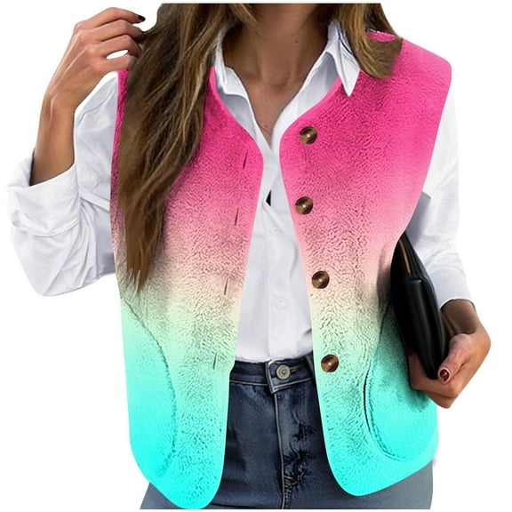 QQAMB Womens Fuzzy Fleece Vest Sleeveless Button Down Fall Sherpa Jacket Winter Warm Outerwear with Pockets Hot Pink 4XL