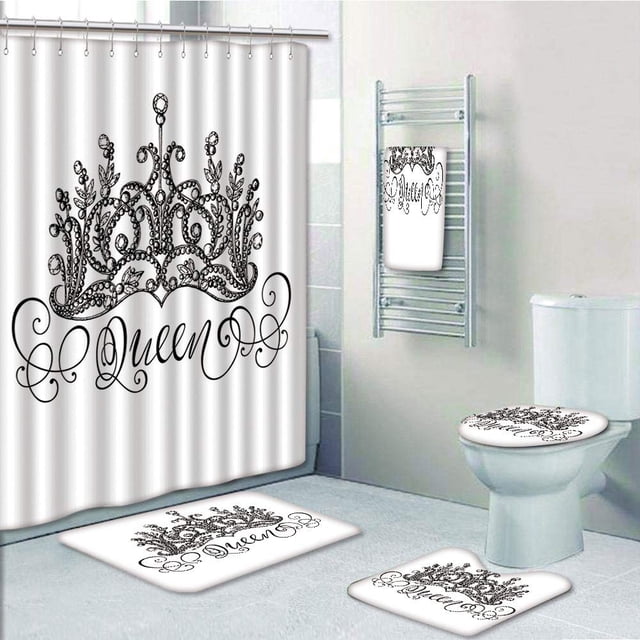 EREHome Ensemble de Salle de Bain 5 Pcs Couronne Dessinée à la Main avec Lettrage Baroque Éléments Anciens Rideau de Douche Serviette de Bain Tapis de Bain Tapis Contour et Housse de Couvercle de Toilette