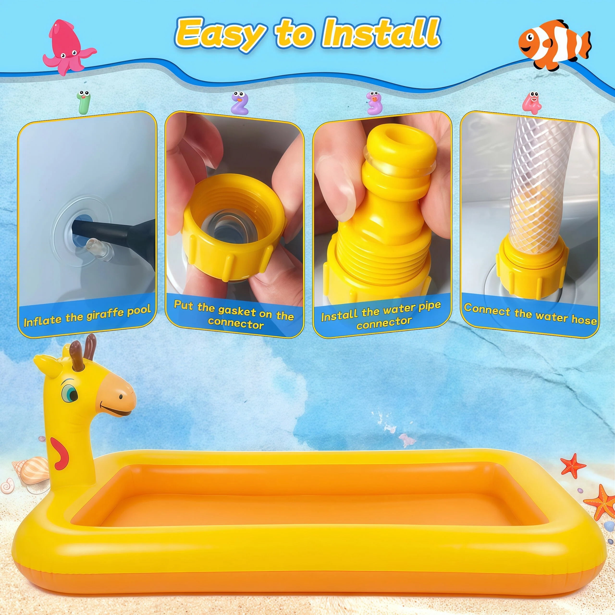 Teblint Giraffe Inflatable Pool, 78.74"x 43.3" x 5.9" Sprinkler Swimming Pool, Spray Kiddie Pool, Play Center Water Toys for Backyard Lawn, Above Ground, Outdoor