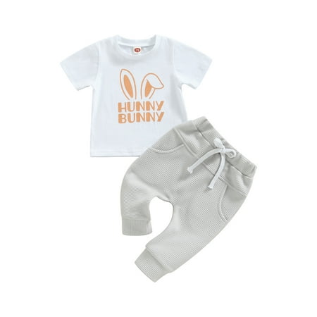 

Toddler Baby Boys Girls Easter Clothes Set Rabbit Ear Letter Print Short Sleeve T-Shirt + Solid Color Elastic Waist Pants Summer Outfit