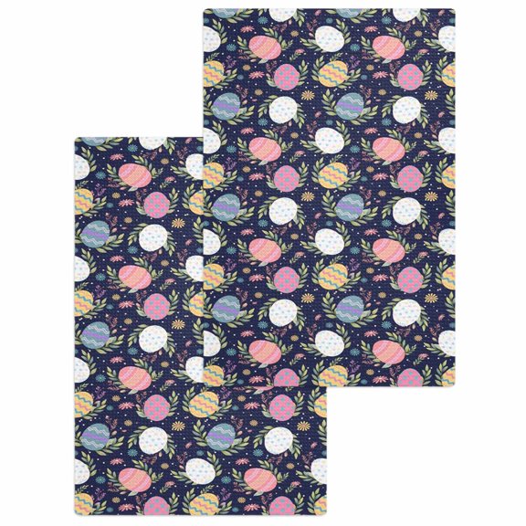 Easter Bunny Kitchen Dish Towels for Drying Dishes Set of 2, Colorful Eggs Spring Leaves Daisy Navy Blue Waffle Weave Microfiber Hand Tea Bathroom Towels Quick Dry & Absorbent Towel 15.7x23.6