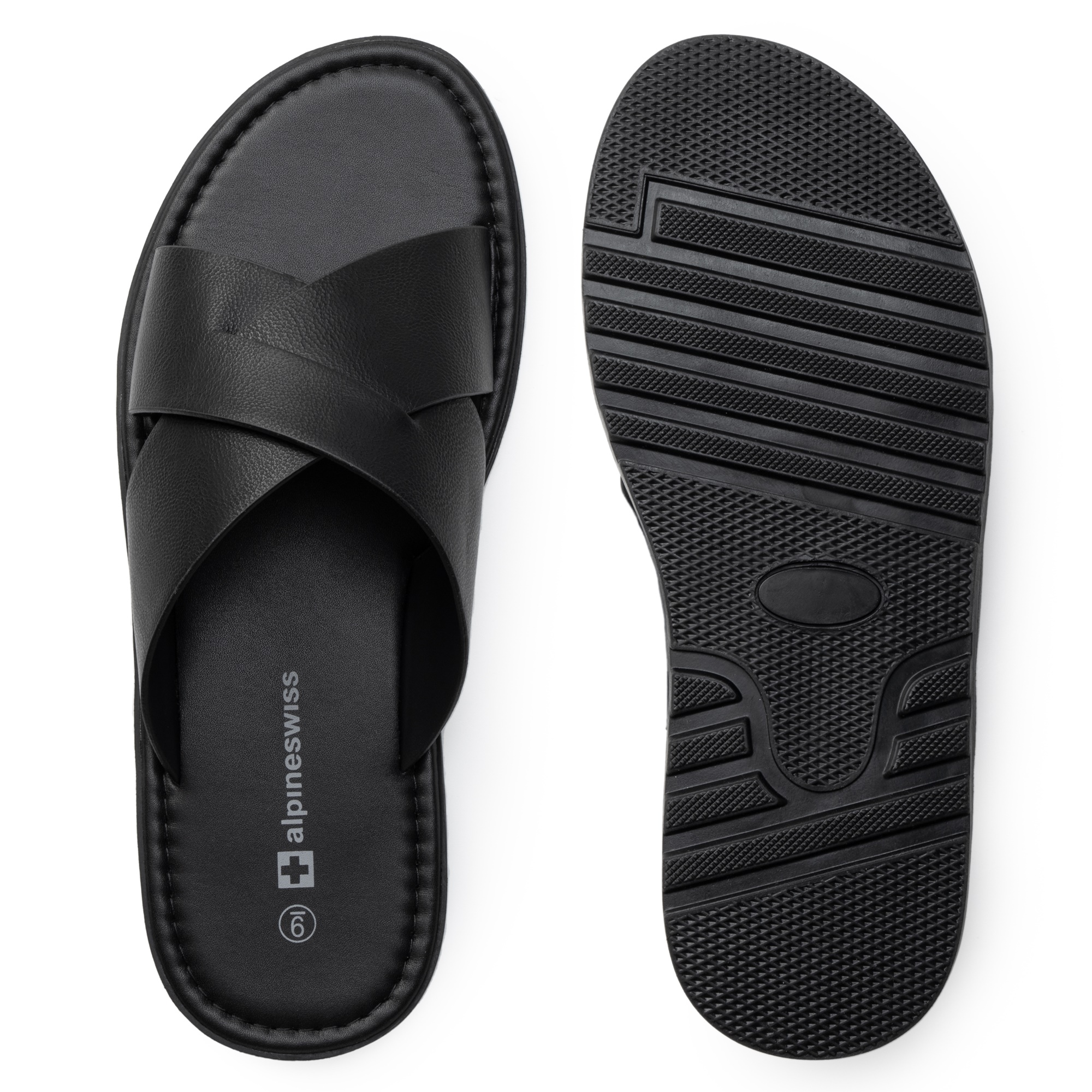 Alpine Swiss Hugo Mens Vegan Leather Slide Sandals Dressy Comfy Indoor Outdoor Shoes Cross Strap Design for Casual Elevated Wear Anti-Slip Flip Flops