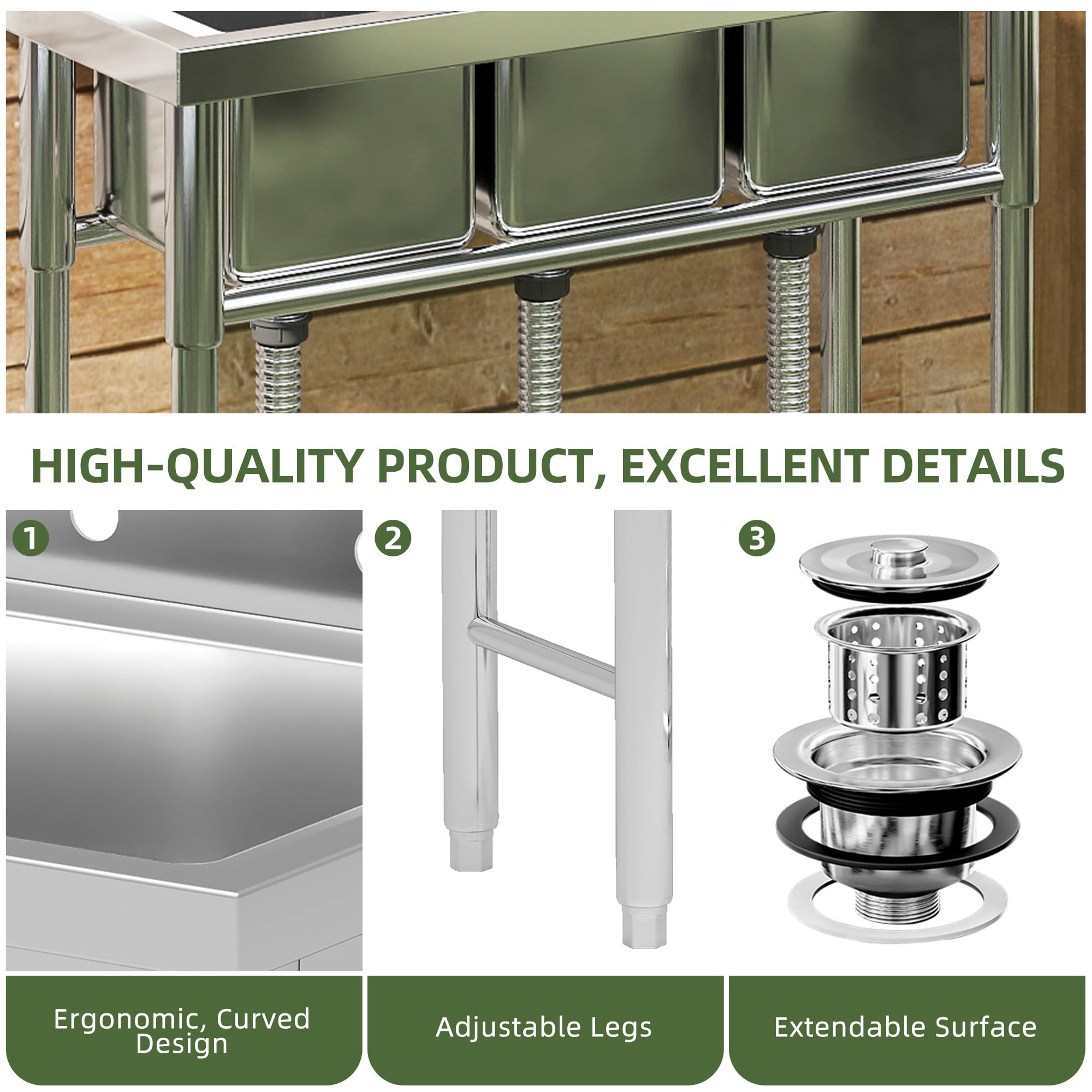 Uforic Stainless Steel Utility Sink, 3 Compartment Commercial Sink for Kitchen, Restaurant, Laundry, Garage