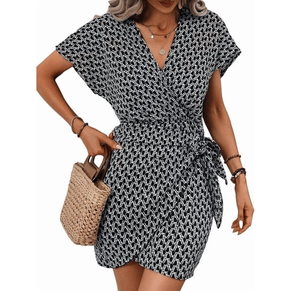 Jaimenalin Women'S Summer Wrap Dresses V Neck Print Ruffle Short Sleeve Mini Floral Boho Dress