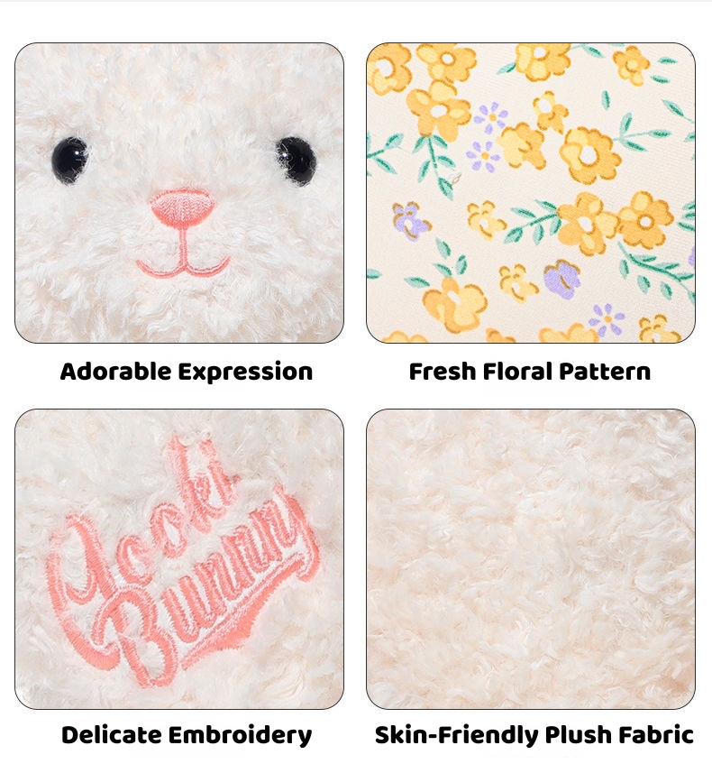 Yummy Bunny Plush Toy, Soft Stuffed Rabbit, Cute Fluffy Animal Doll, Skin-Friendly Plush with Floral Ears, Cozy Hug Toy for Kids Adults, Gift for Birthday, Easter, Christmas