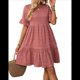 thumbnail image 2 of Vestido Midi Holgado de Corte A, con Mangas Abullonadas, Cuello Redondo y Cintura Alta, Fruncido, para Mujer, Verano 2025, Color Pasta de Frijoles en Polvo XXL, 2 of 10