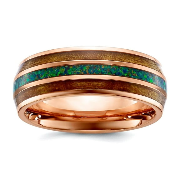 Stainless Steel Polished Rose Ip With Wood Imit. Opal Inlay 8mm Band Size 9 Ring for Women and Men